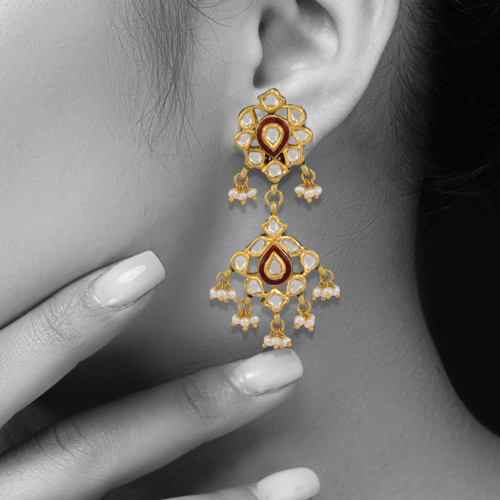 Polki Chandelier Earrings with Red Enamel and Pearl Clusters